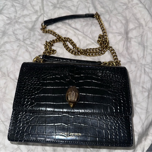 Kurt Geiger London Croc-Embossed Leather Shoulder Bag • Gold Chain • Black - Picture 5 of 7